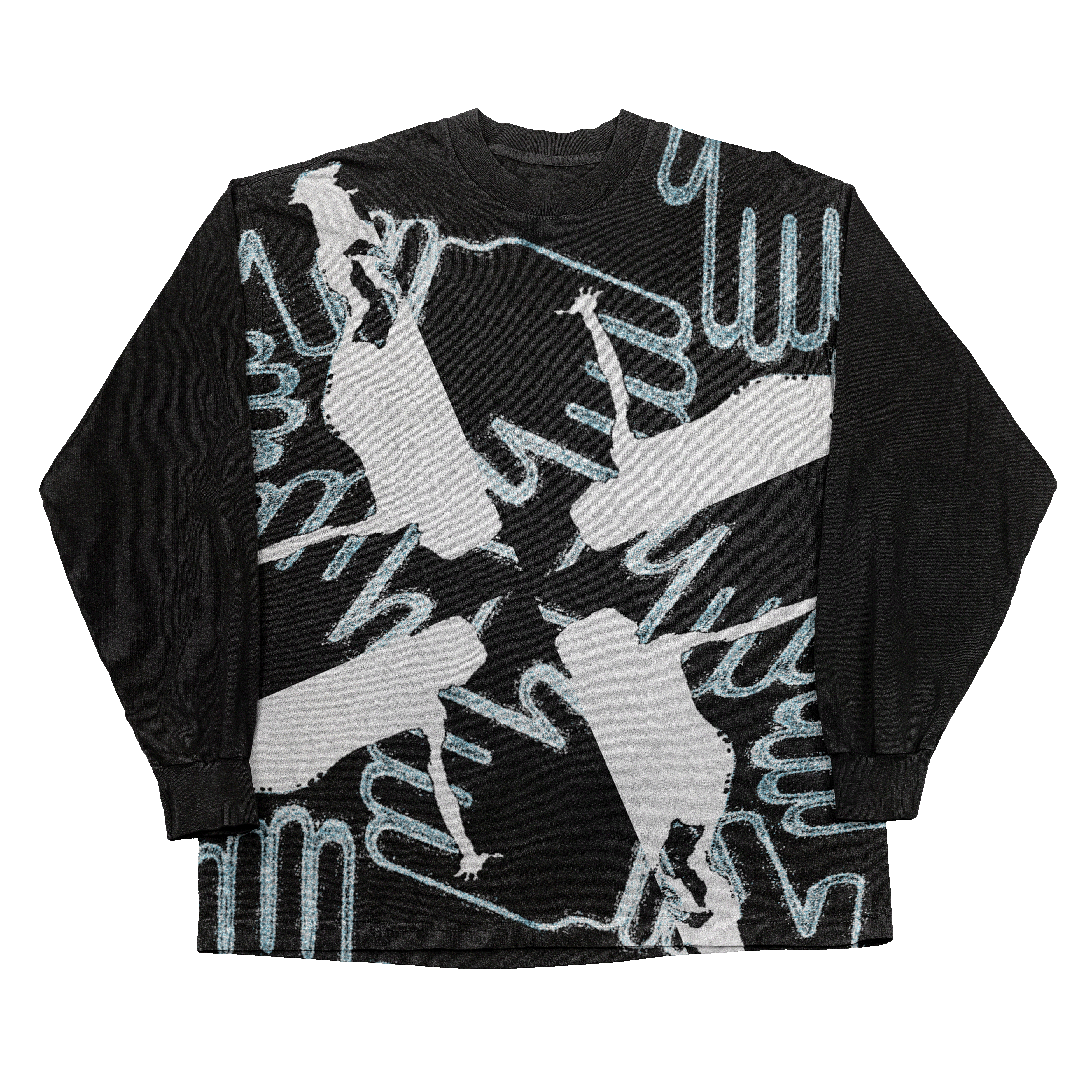 Black long-sleeve shirt with large white silhouettes and pale blue outlined graphics