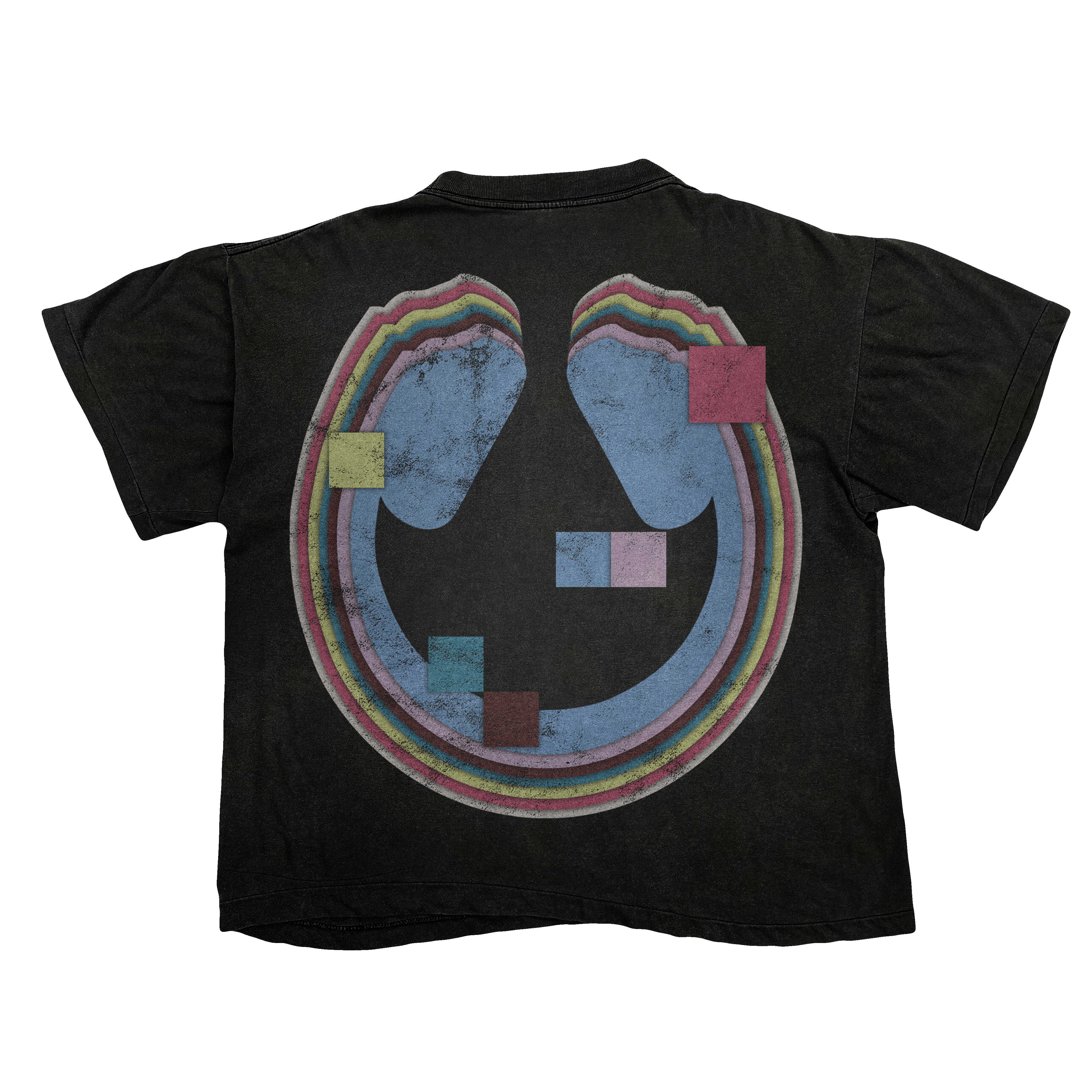 Back of a black T-shirt with a distressed multicolor circular graphic