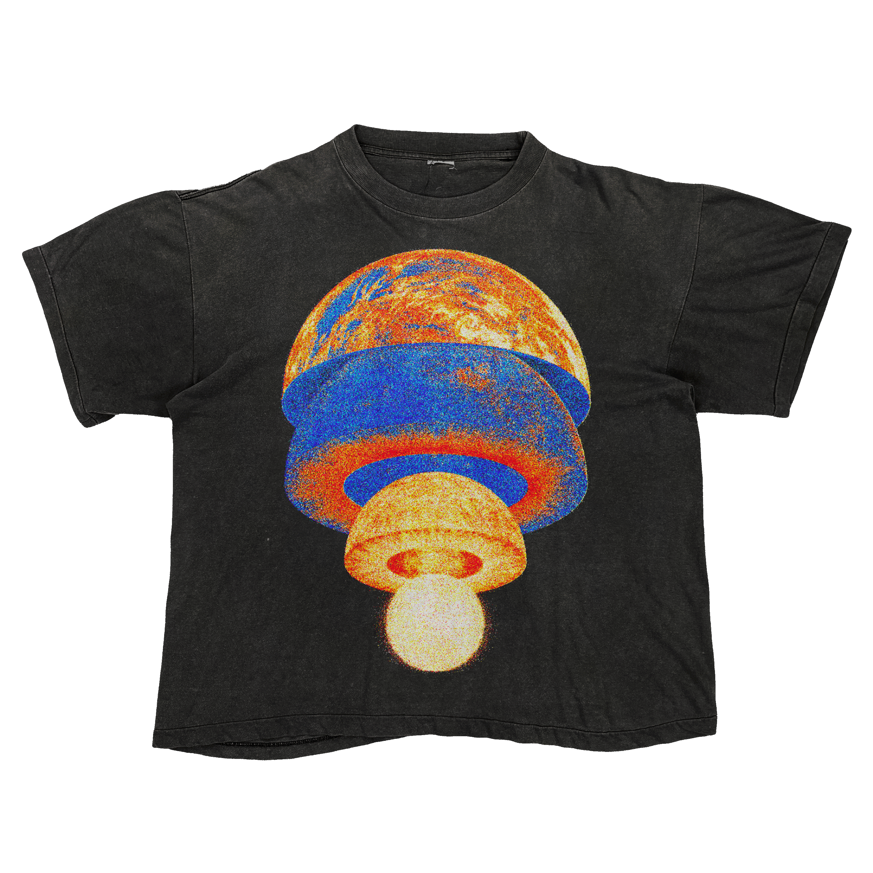 Black T-shirt with a grainy exploded sphere graphic in orange, yellow, and vivid blue