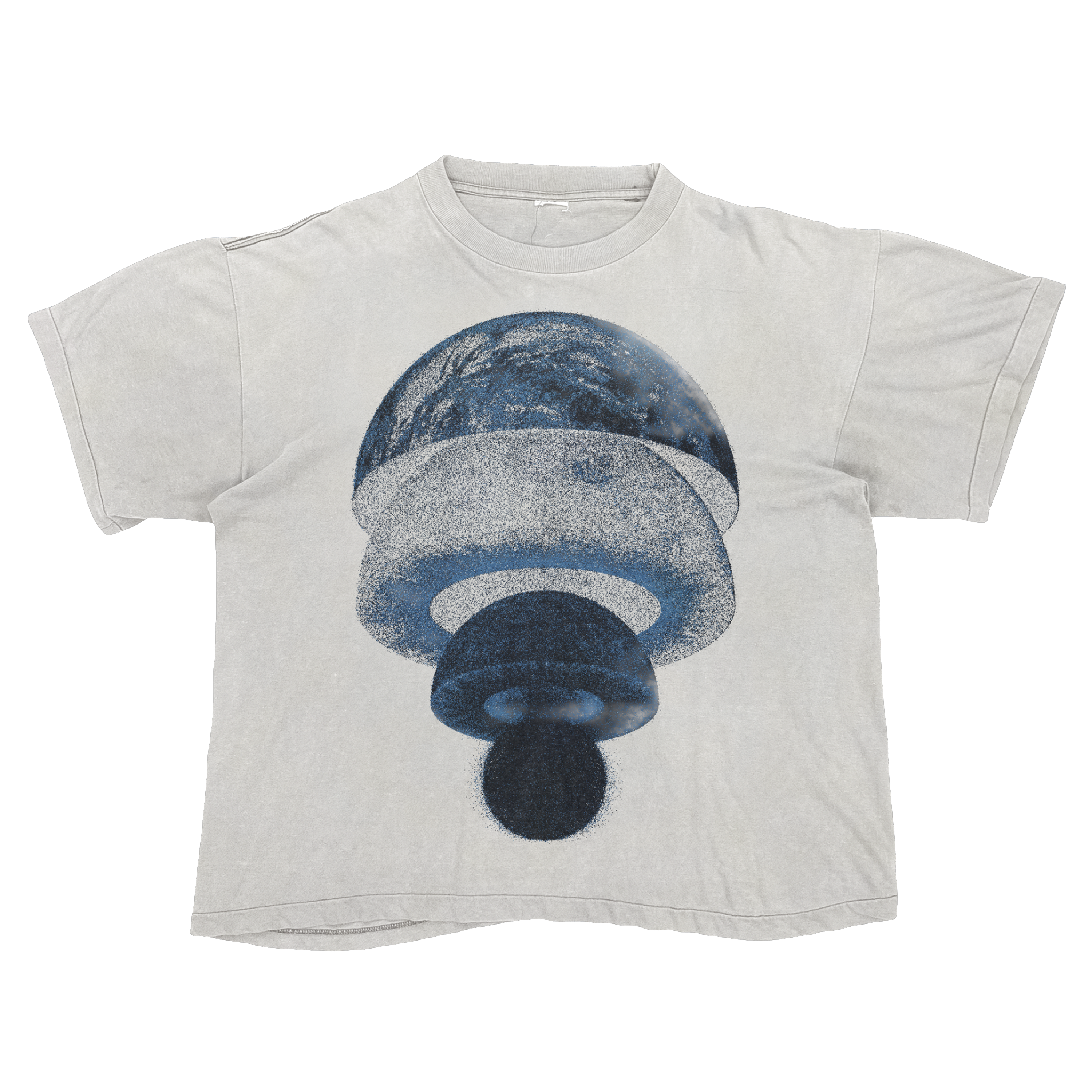 White T-shirt with a grainy exploded sphere graphic in shades of blue