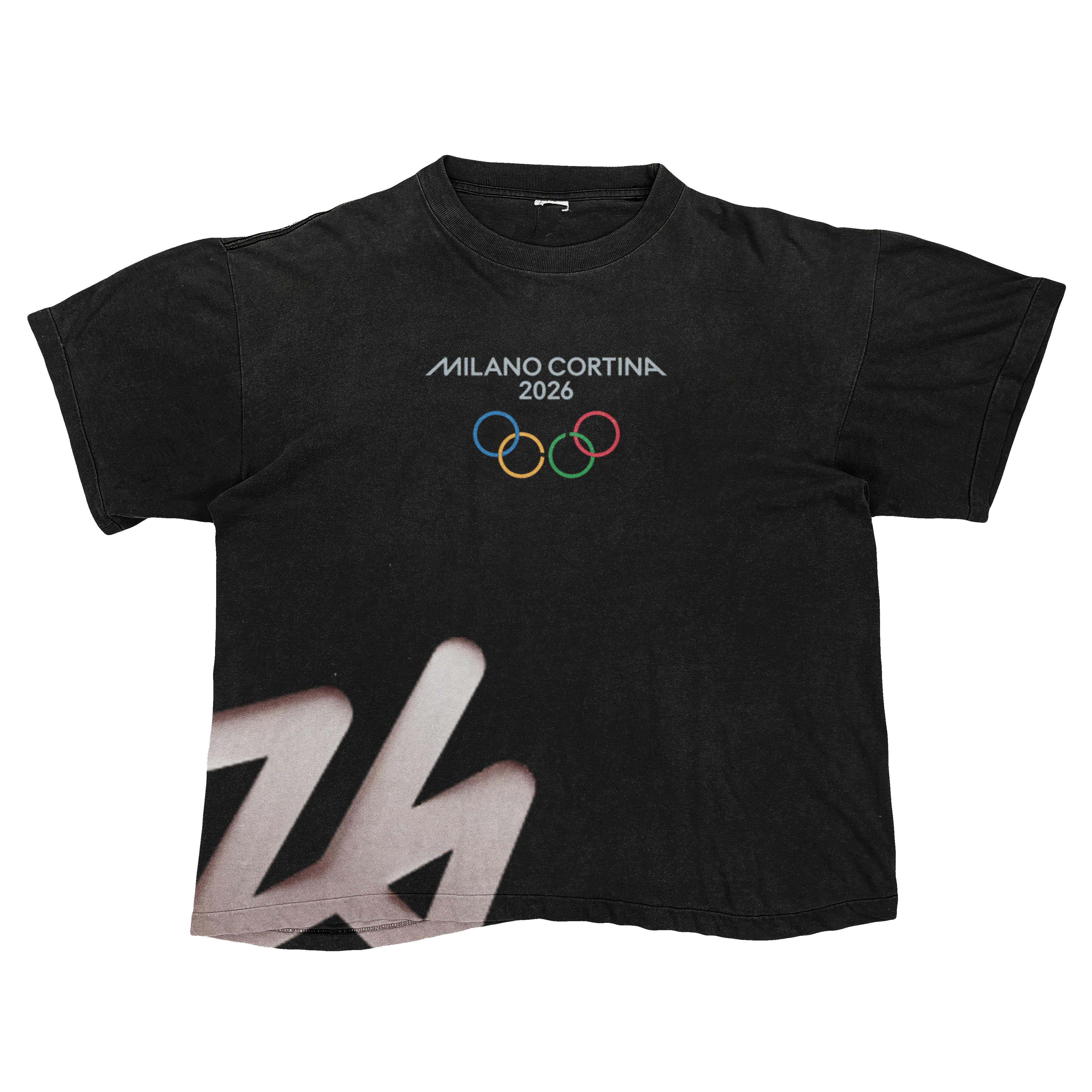 Black T-shirt with Milano Cortina 2026 lettering, Olympic rings, and a pale pink graphic at the hem
