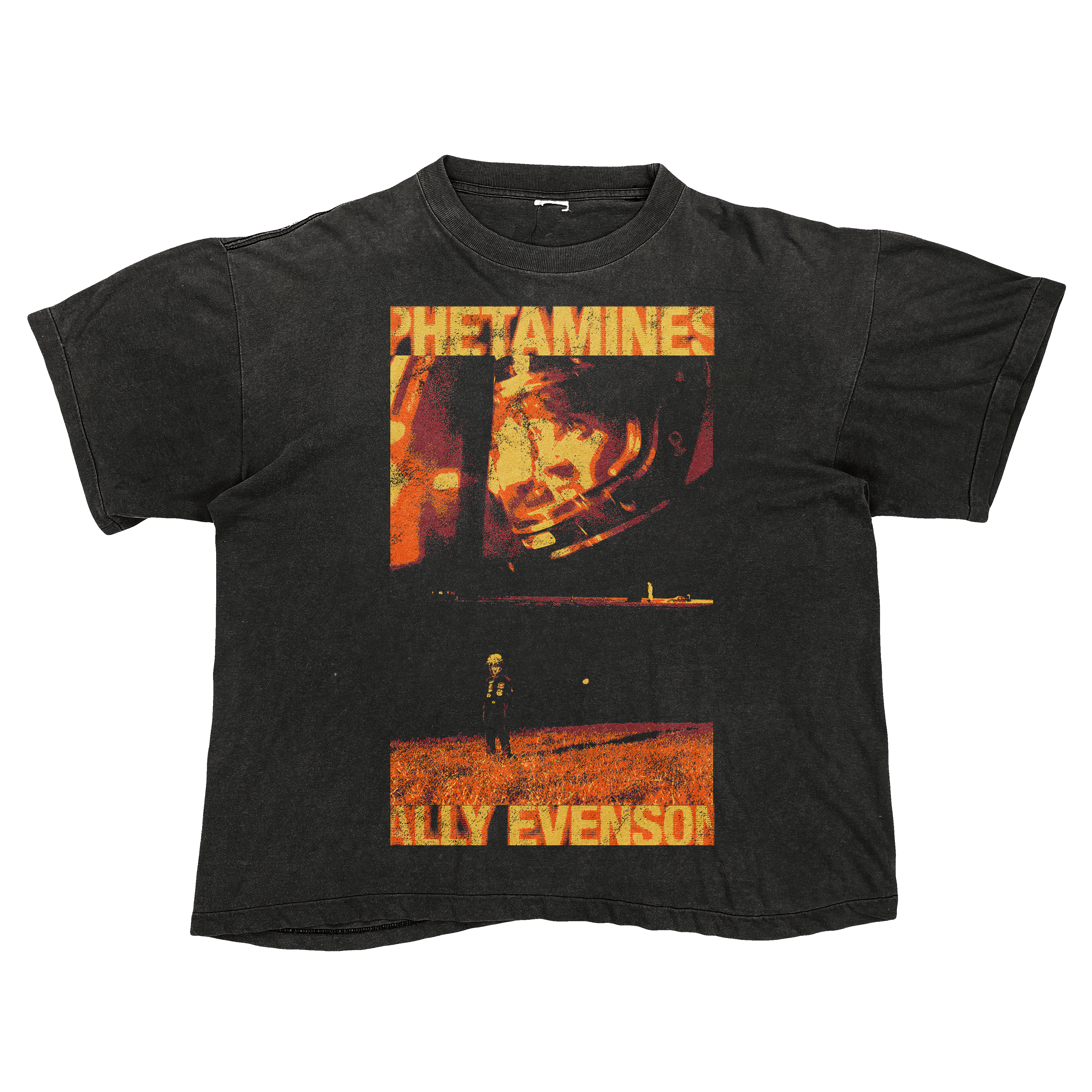 Black T-shirt with an orange and red collage of a helmeted portrait, a small figure, and bold lettering