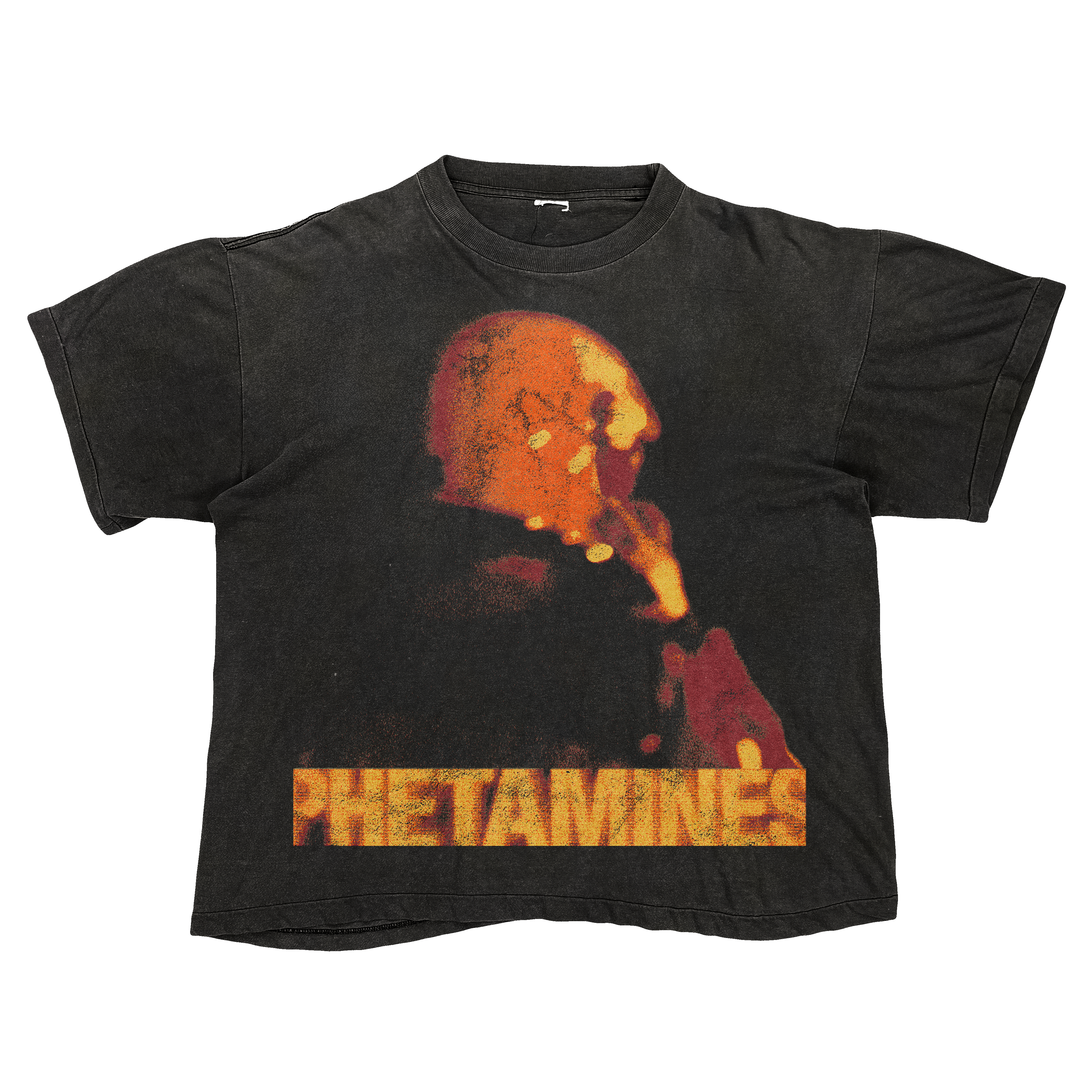 Black T-shirt with a distressed orange and red portrait and bold lettering across the lower front