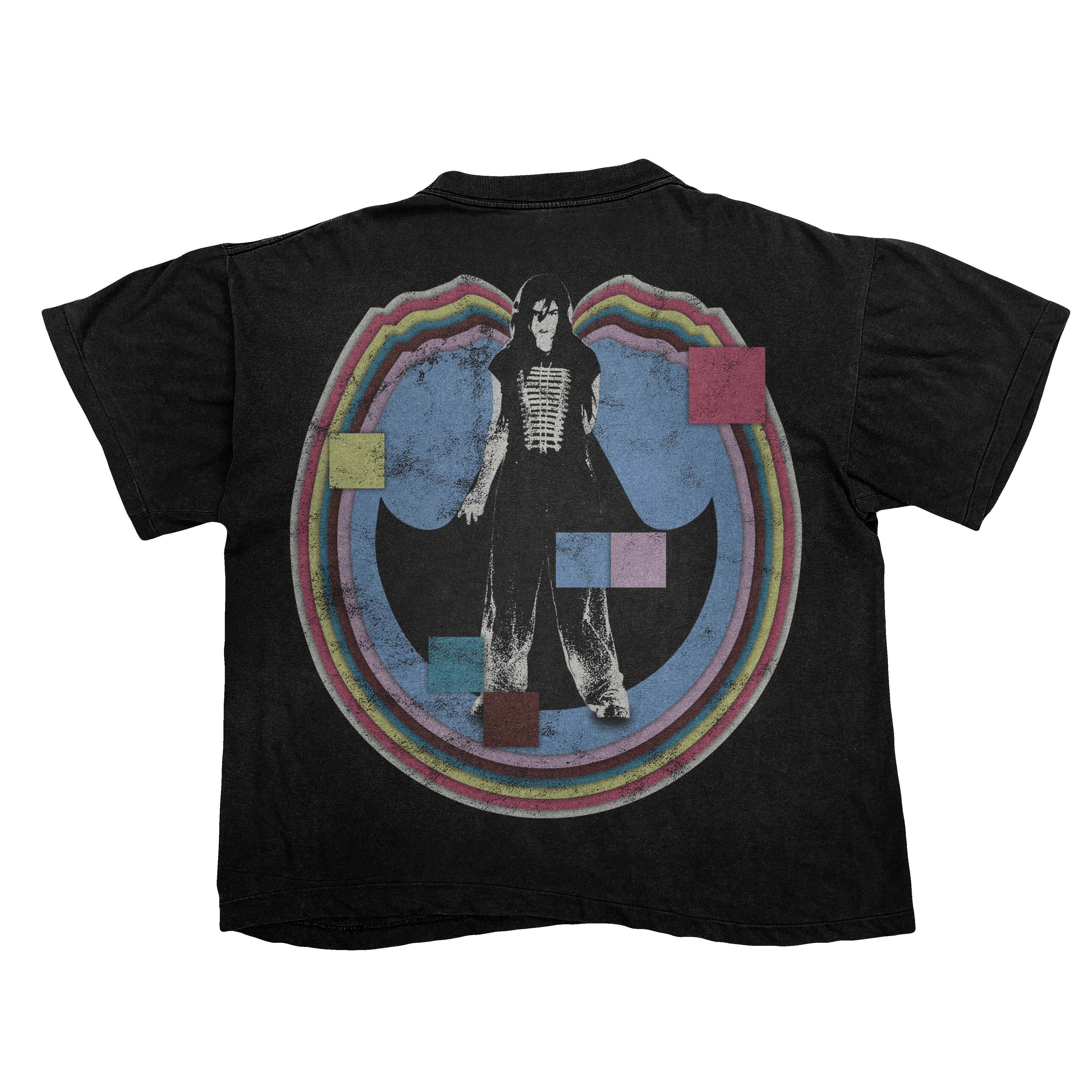 Back of a black T-shirt with a monochrome figure over a layered multicolor graphic