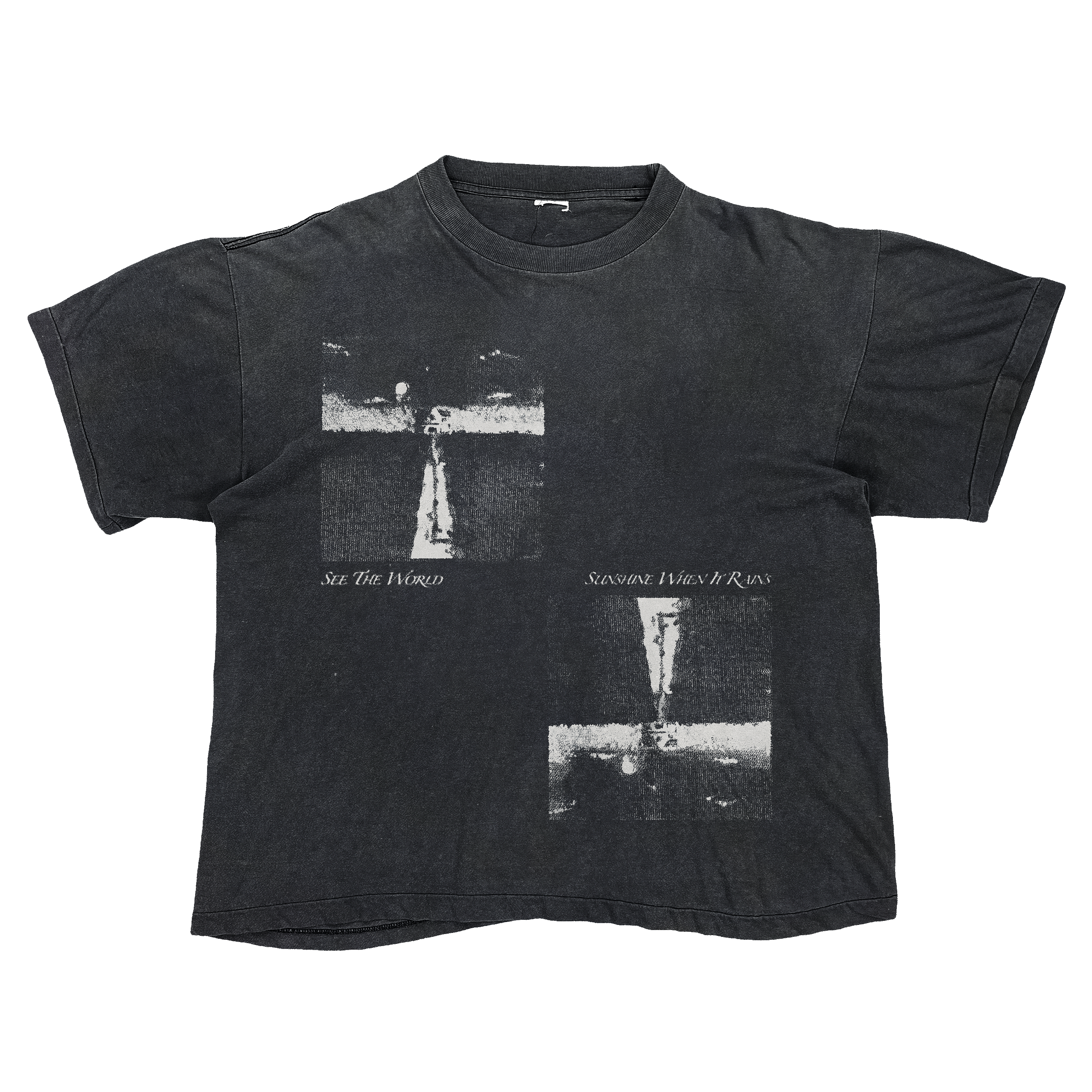 Black T-shirt with two offset monochrome photographic prints and See the World and Sunshine When It Rains lettering