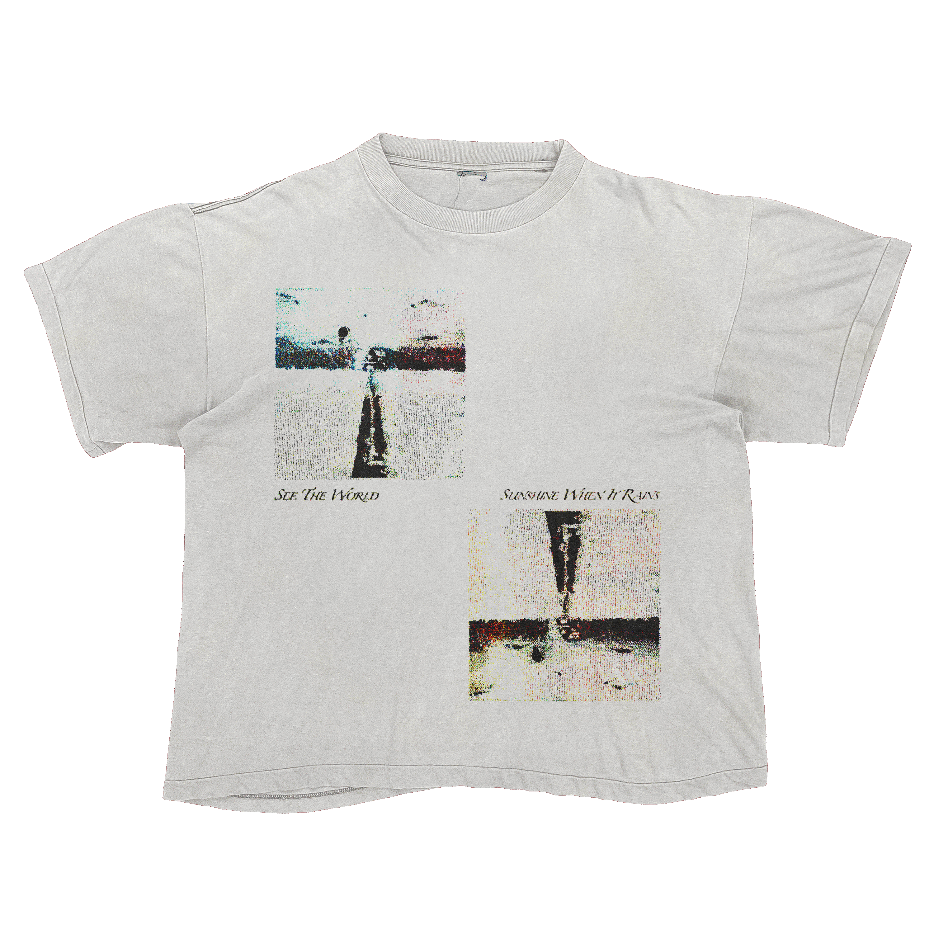 White T-shirt with two offset photographic prints and See the World and Sunshine When It Rains lettering