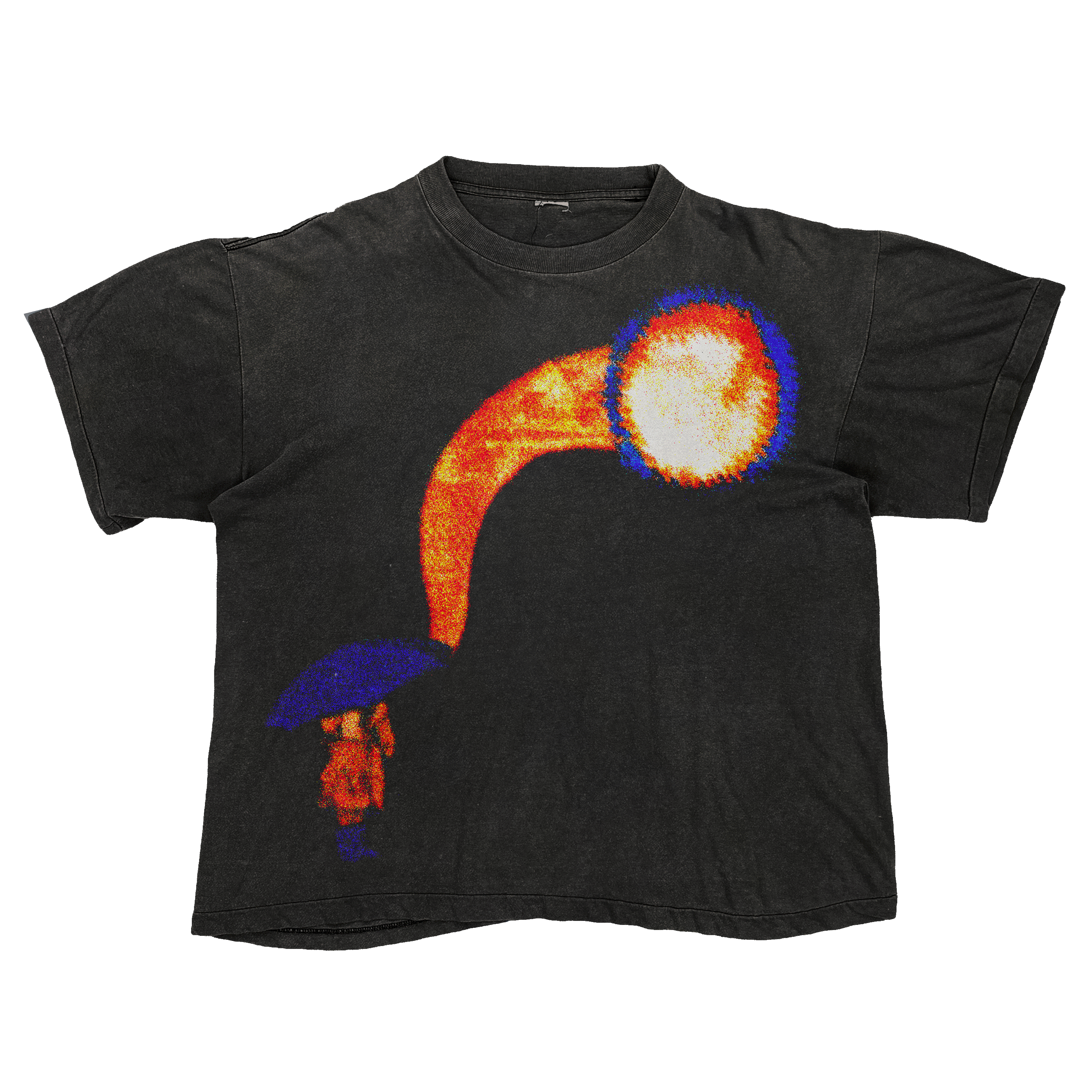 Black T-shirt with a bright orange, yellow, and blue sun graphic curving toward a figure holding an umbrella