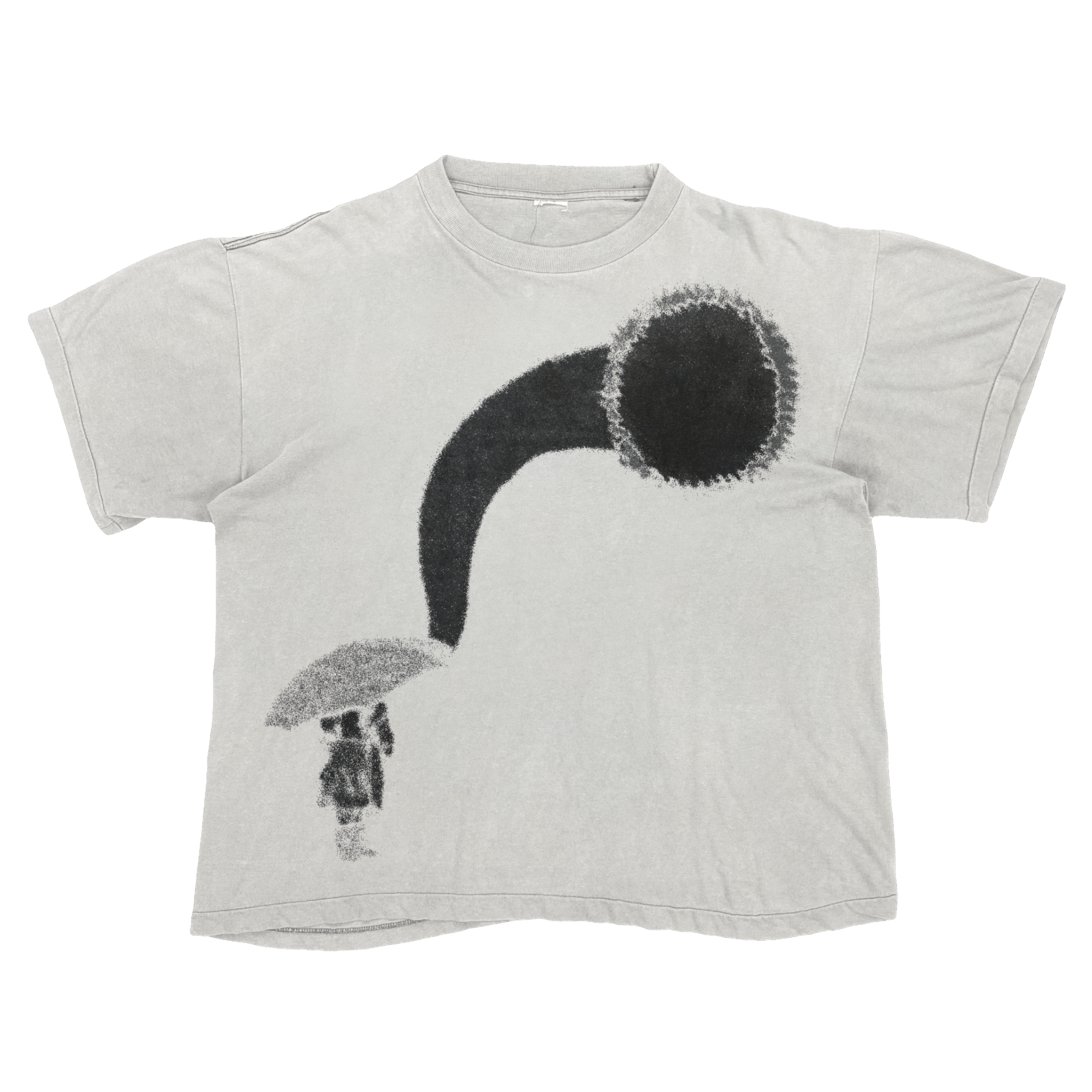 White T-shirt with a monochrome sun graphic curving toward a figure holding an umbrella