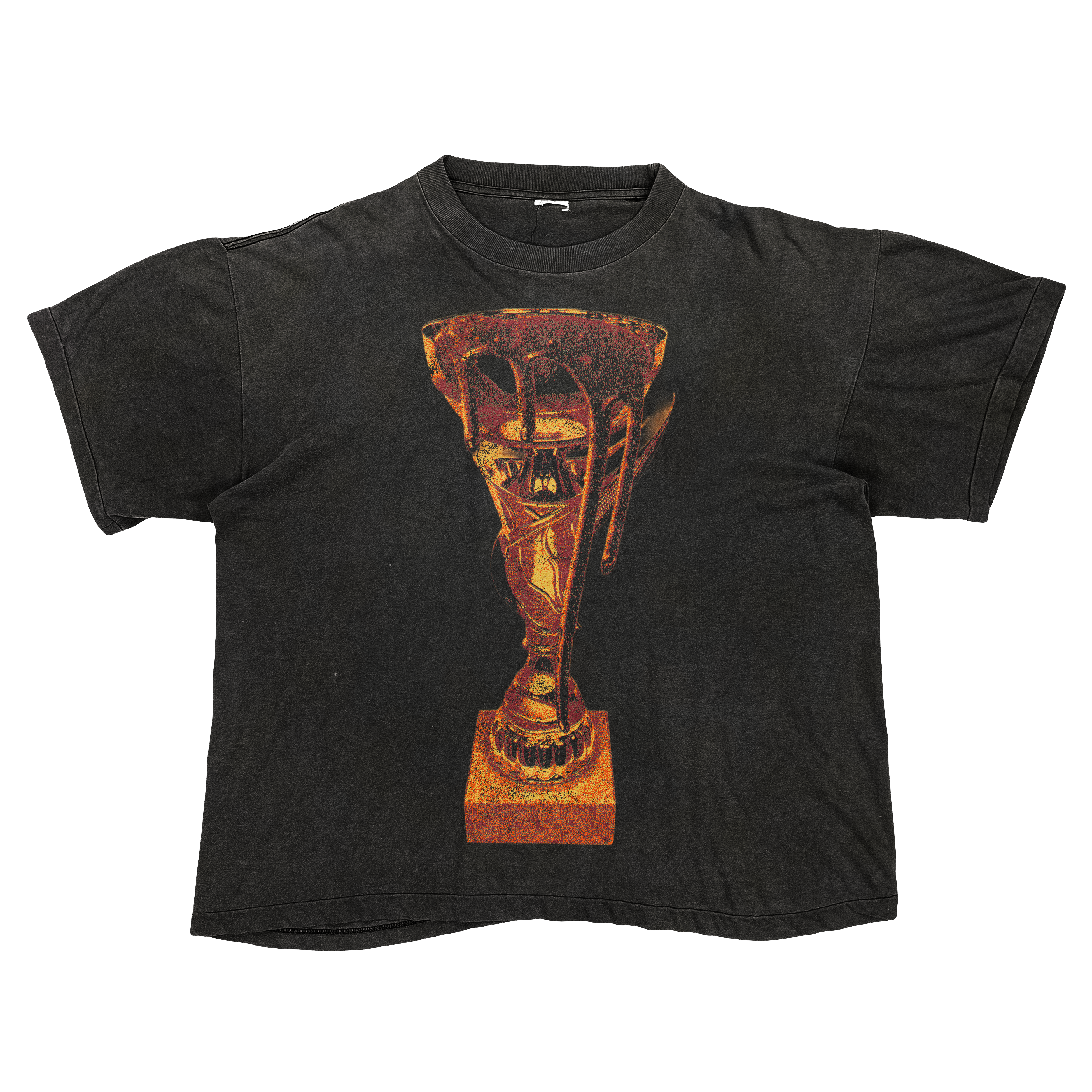 Black T-shirt with a tall distressed orange and red trophy graphic