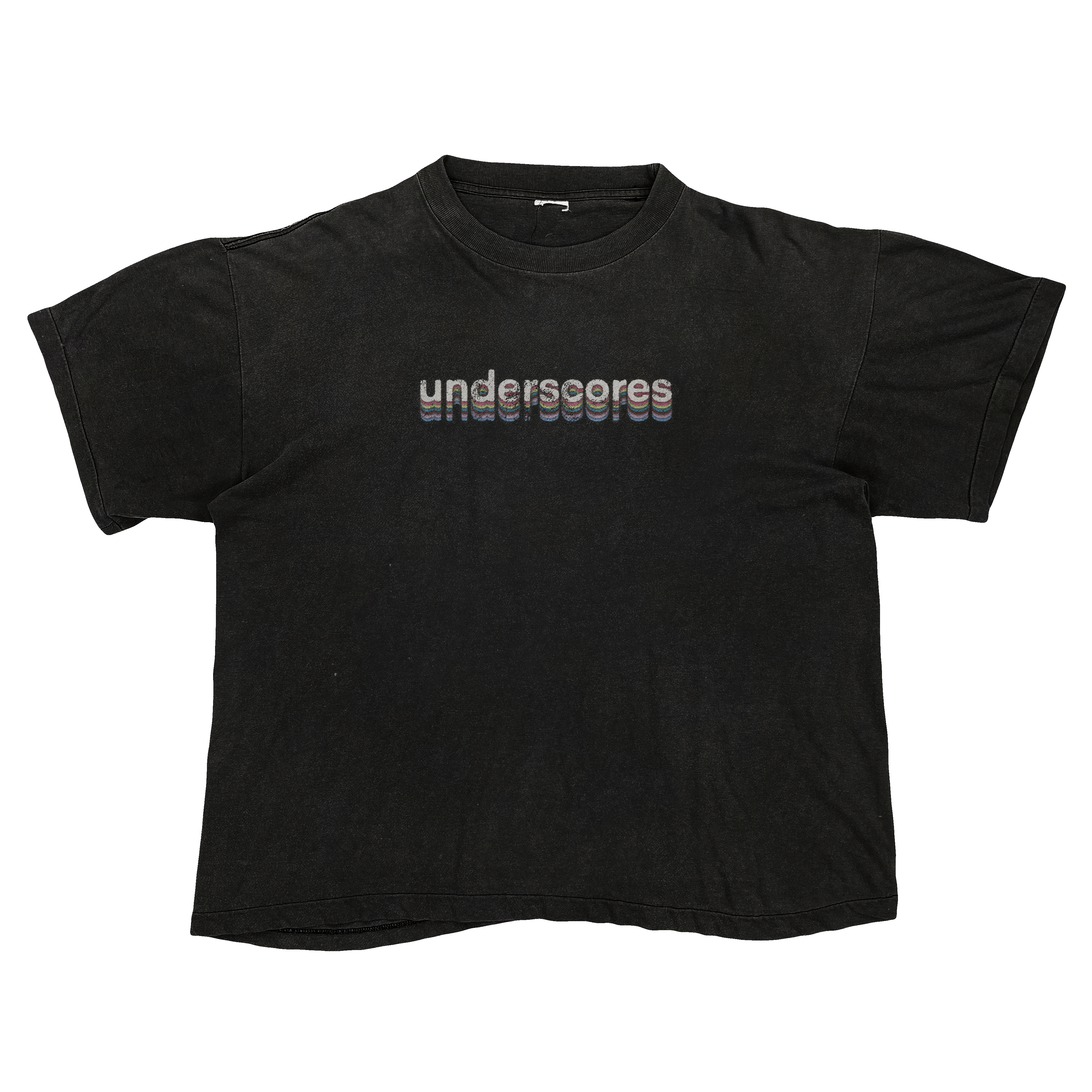 Black T-shirt with layered multicolor underscores lettering across the chest
