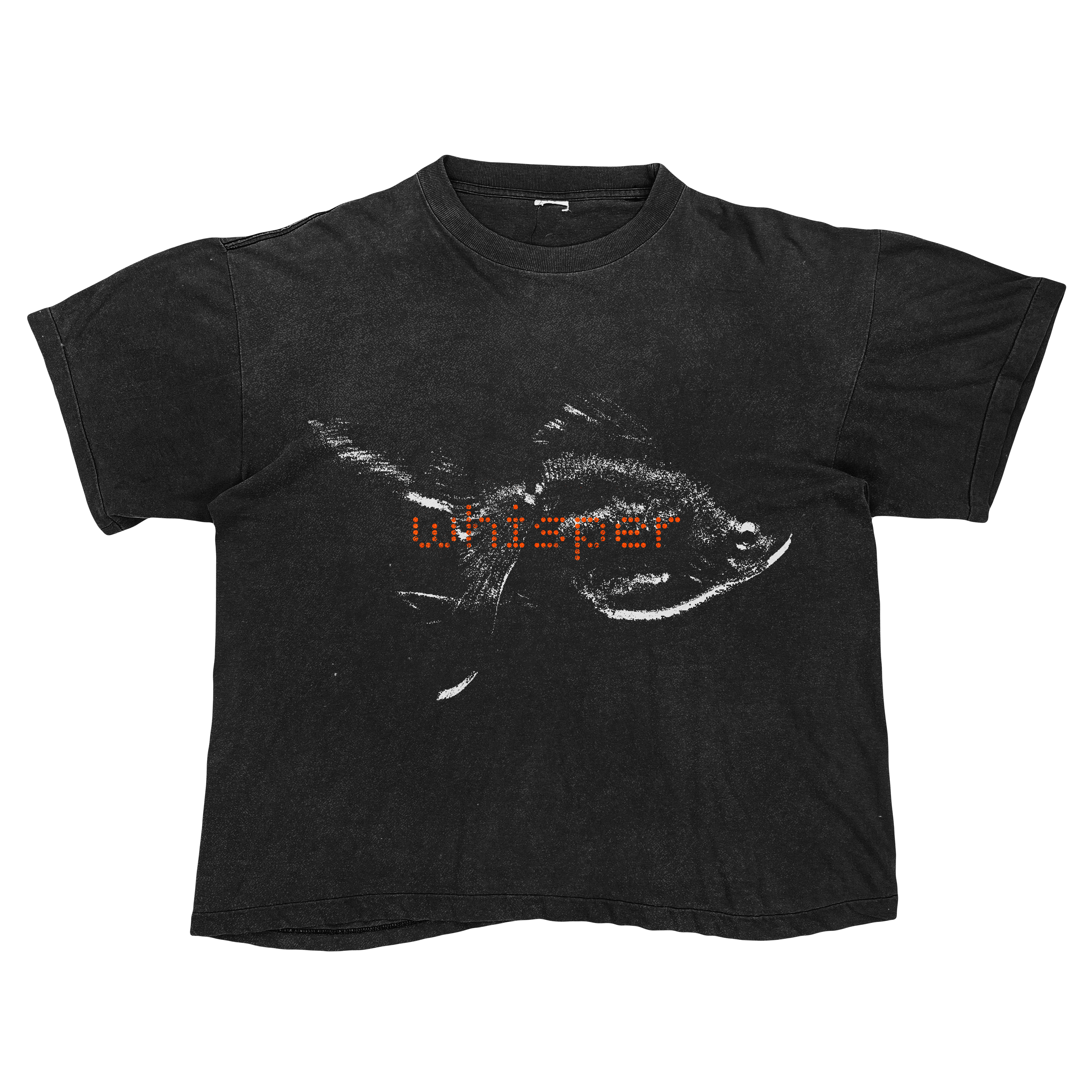 Washed black T-shirt with a distressed white graphic and orange whisper lettering